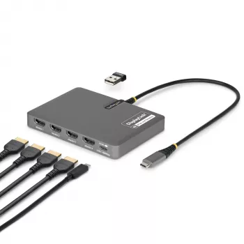 StarTech.com USB-C į keturių monitorių darbo stoties adapteris, 4K 60Hz HDMI, 140W PD perdavimas nešiojamojo kompiuterio įkrovimui, USB prievadas belaidžiai pelėms / klaviatūroms, TAA