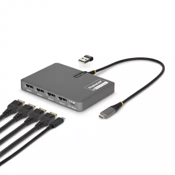 StarTech.com USB-C į keturių monitorių darbo stoties adapteris, 4K 60Hz DisplayPort, 140W PD perdavimas nešiojamojo kompiuterio įkrovimui, USB prievadas belaidžiai klaviatūrai / pelei, TAA