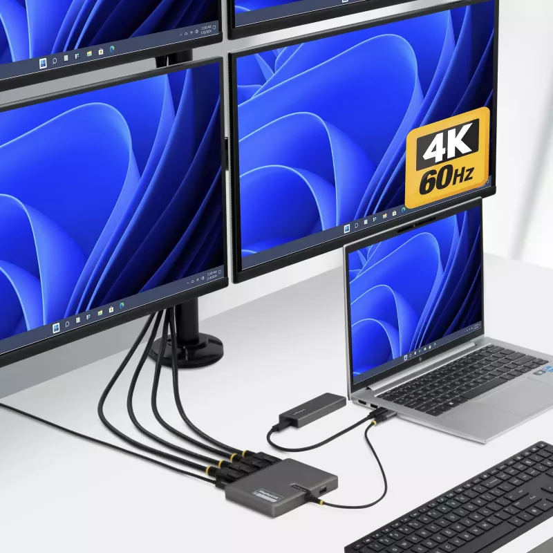 StarTech.com USB-C į keturių monitorių darbo stoties adapteris, 4K 60Hz DisplayPort, 140W PD perdavimas nešiojamojo kompiuterio įkrovimui, USB prievadas belaidžiai klaviatūrai / pelei, TAA