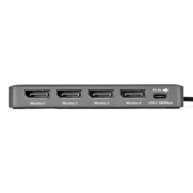 StarTech.com USB-C į keturių monitorių darbo stoties adapteris, 4K 60Hz DisplayPort, 140W PD perdavimas nešiojamojo kompiuterio įkrovimui, USB prievadas belaidžiai klaviatūrai / pelei, TAA