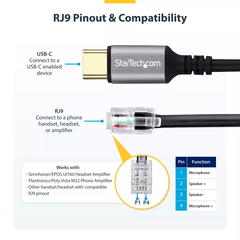 StarTech.com UR9-HEADSET-ADAPTER laido lyties keitiklis USB-C RJ-9 Juoda