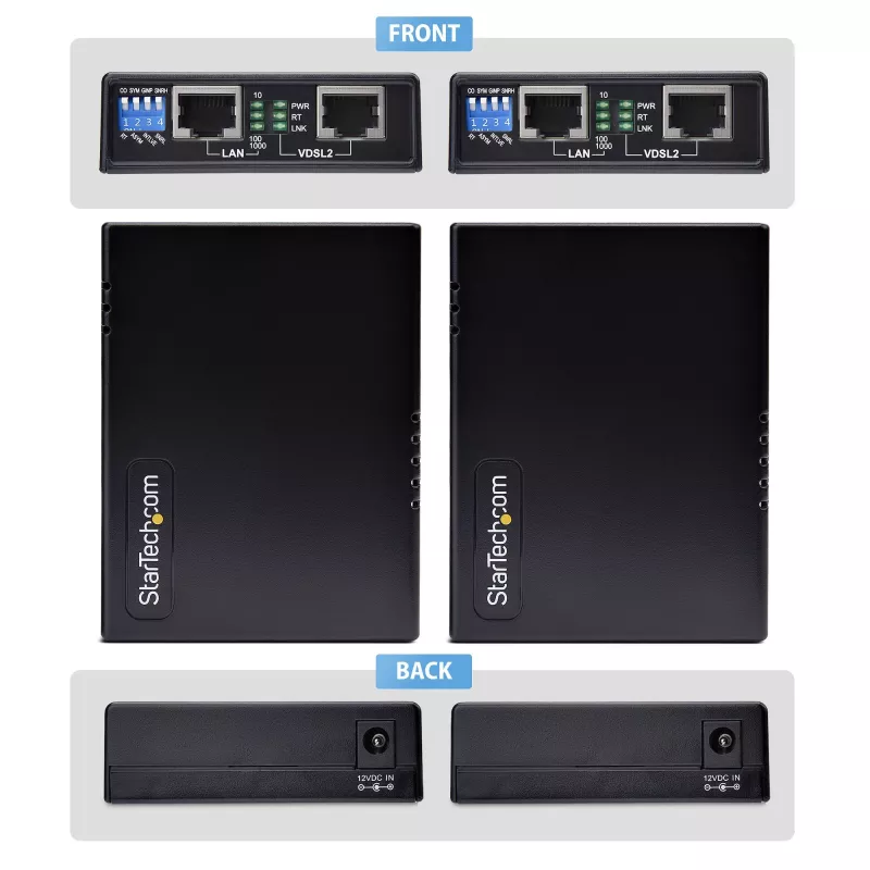 „StarTech.com“ VDSL2 Ethernet tiltų rinkinys per vieną porą laidų, iki 0,6 mylios (1 km) nuotolio LAN kartotuvas per telefono liniją/CAT5e/CAT6, iki 300 Mbps, pakeitimas 110VDSLEXTEU – TAA