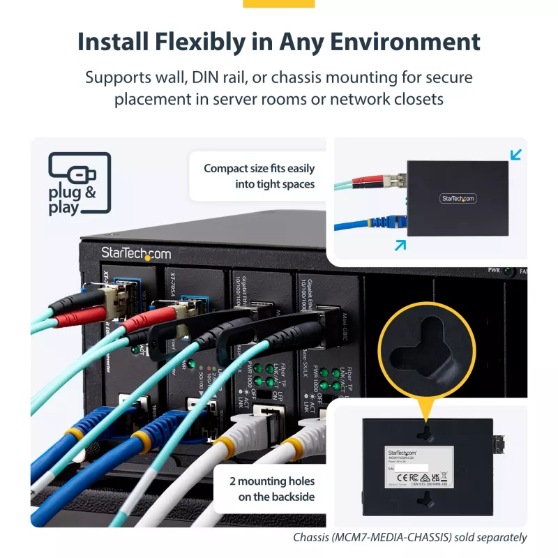 StarTech.com Gigabito eterneto varinių signalų keitiklis į šviesolaidį, SM LC, 20 km, 10/100/1000 Mbps, RJ45 į LC, pilnas metalas, 9K dideli rėmeliai, TAA atitikmuo