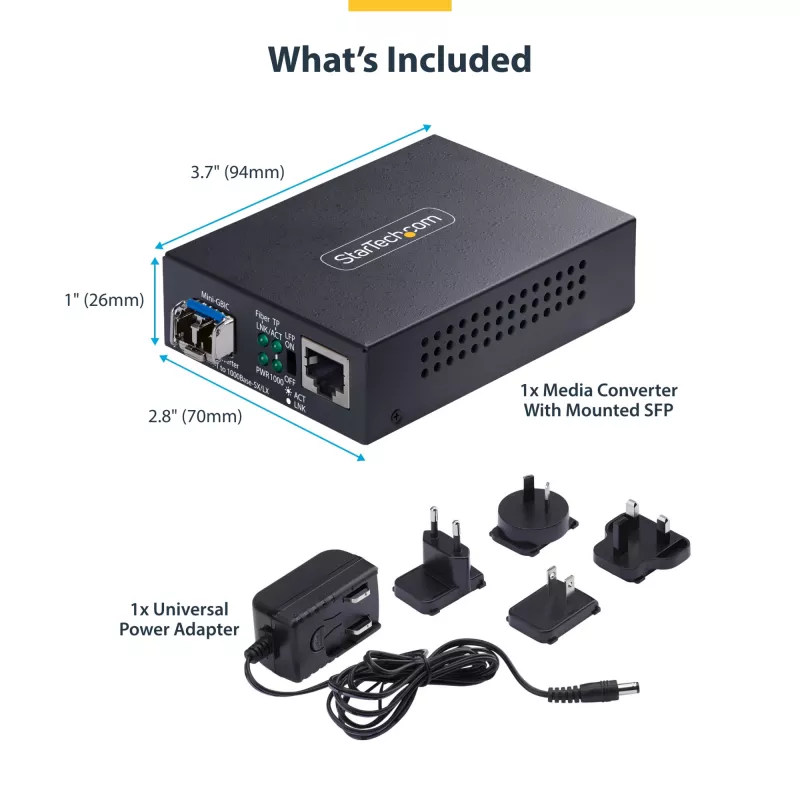 StarTech.com Gigabito eterneto varinių signalų keitiklis į šviesolaidį, SM LC, 20 km, 10/100/1000 Mbps, RJ45 į LC, pilnas metalas, 9K dideli rėmeliai, TAA atitikmuo