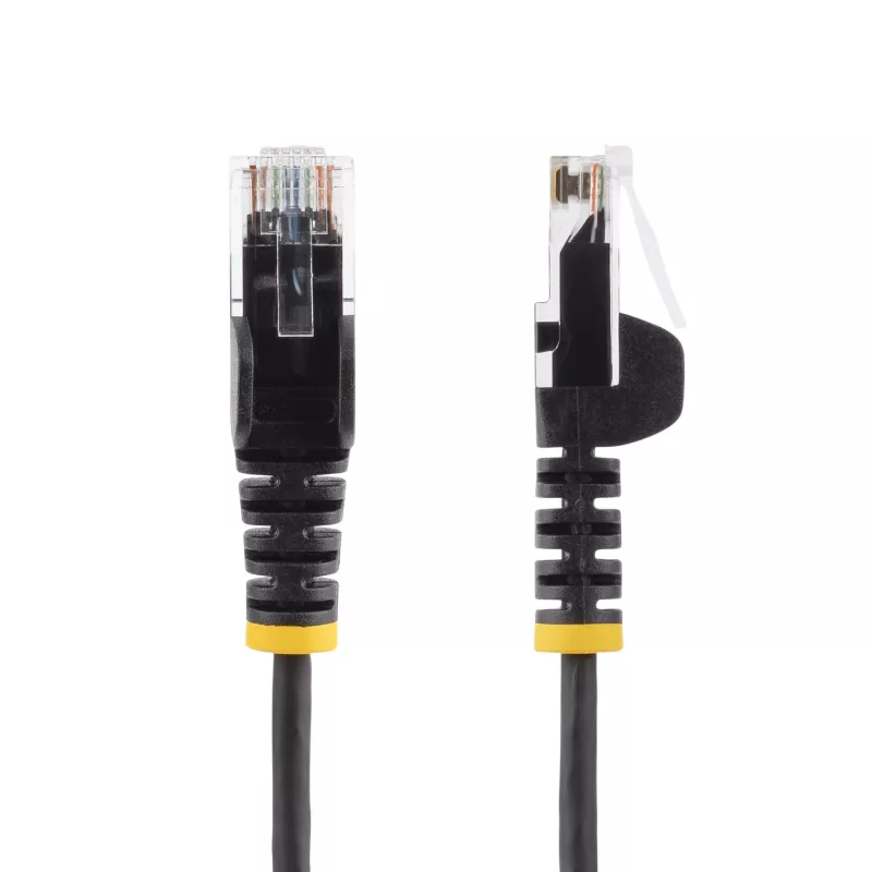 StarTech.com 15m juodas plonas CAT6 eterneto kabelis, be užkabinimų, 100W PoE, UTP, LSZH, 28AWG gryna vario viela, plonas RJ45 tinklo jungiamasis laidas su įtempimo mažinimo elementais, individualiai išbandytas