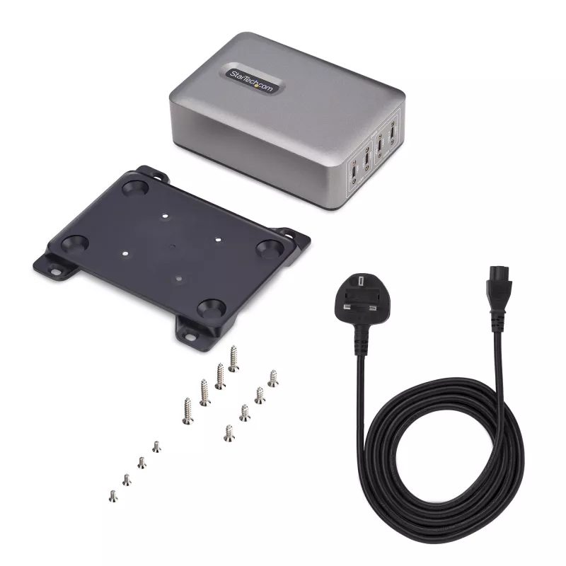 StarTech.com 4 prievadų kelių įrenginių USB-C įkroviklis, 240 W bendra galia, vienas prievadas 140 W EPR, PD 3.1, varžtiniai prievadai, su laikikliu montavimui ant paviršiaus