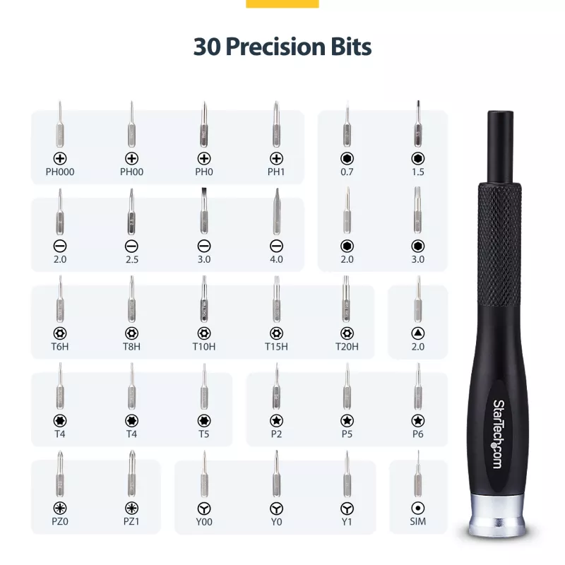 „StarTech.com“ 40 dalių kompiuterių remonto rinkinys nešiojamiesiems, staliniams, telefonams ir elektronikai, 30 bitų precizinis atsuktuvų rinkinys, nuimamas dangtelis su magnetiniu pagalvėliu, atidarymo įrankiai