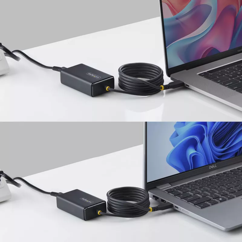 StarTech.com 65W USB-C nešiojamojo kompiuterio įkroviklis, 1,5 m integruotas USB-C kabelis, maitinimo adapteris, tinkamas Dell, XPS, HP ProBook, MacBook Pro, Microsoft Surface Pro