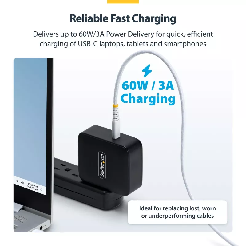 StarTech.com 1m (3ft) balta USB-C įkrovimo laidas, 60W (3A) PD, dviejų sluoksnių pintas nailono/TPE apvalkalas, tvirtas USB-C įkrovimo laidas, USB 2.0 nešiojamojo kompiuterio įkroviklio laidas