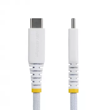 StarTech.com 2m (6ft) balta USB-C įkrovimo laidas, 60W (3A) PD, dviejų sluoksnių pintas nailonas/TPE apvalkalas, tvirtas USB C įkrovimo laidas, USB 2.0 nešiojamojo kompiuterio įkroviklio laidas