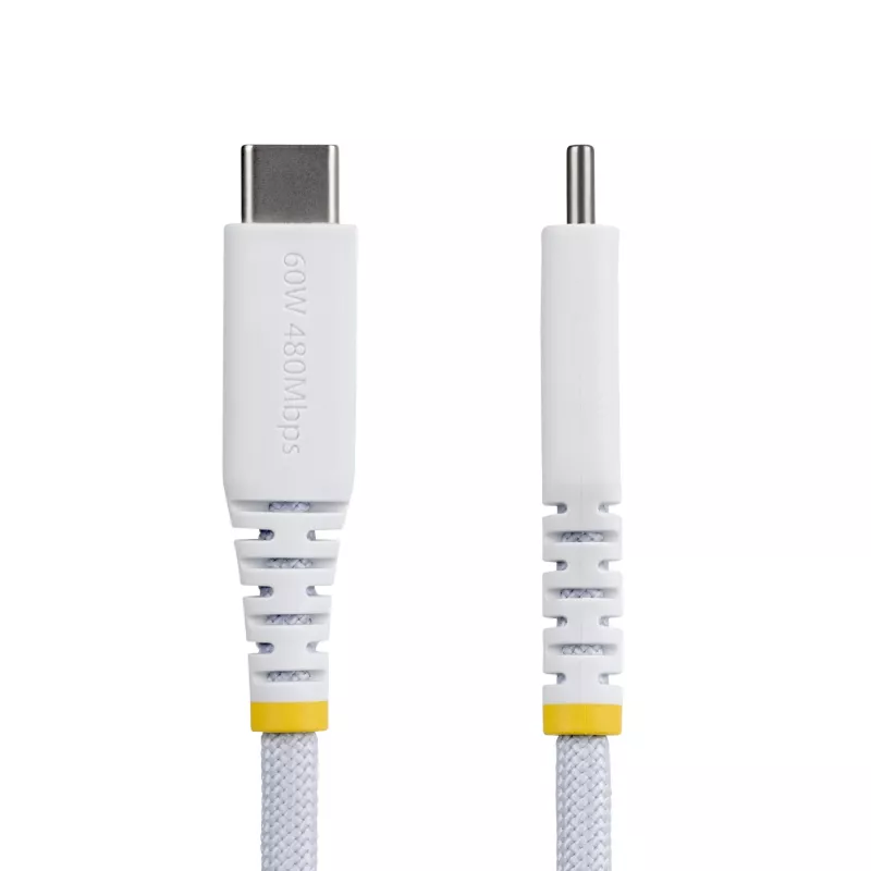 StarTech.com 2m (6ft) balta USB-C įkrovimo laidas, 60W (3A) PD, dviejų sluoksnių pintas nailonas/TPE apvalkalas, tvirtas USB C įkrovimo laidas, USB 2.0 nešiojamojo kompiuterio įkroviklio laidas