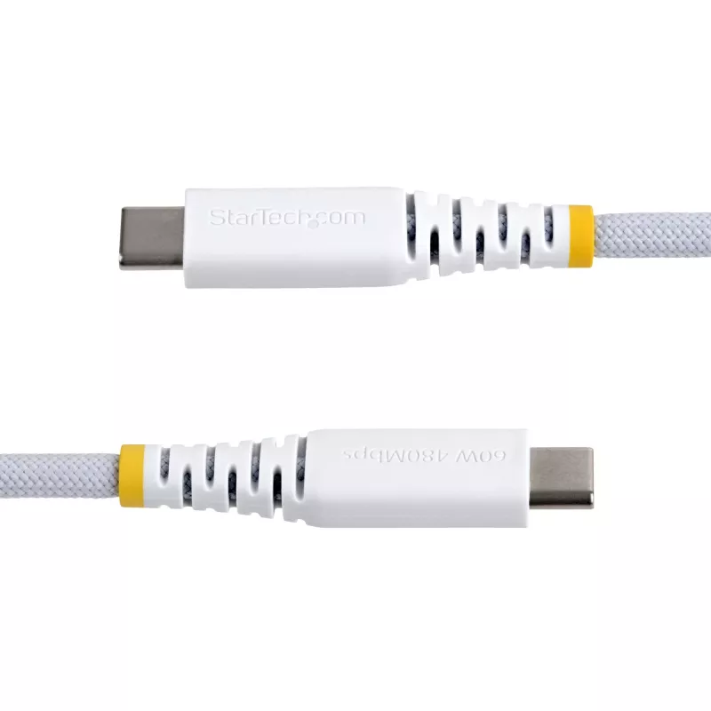 StarTech.com 2m (6ft) balta USB-C įkrovimo laidas, 60W (3A) PD, dviejų sluoksnių pintas nailonas/TPE apvalkalas, tvirtas USB C įkrovimo laidas, USB 2.0 nešiojamojo kompiuterio įkroviklio laidas