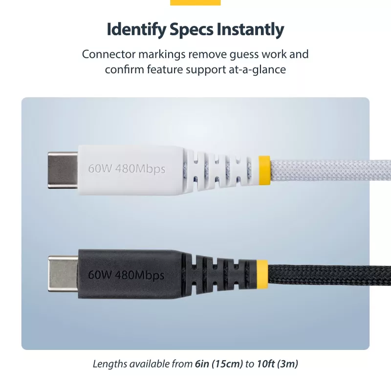 StarTech.com 2m (6ft) balta USB-C įkrovimo laidas, 60W (3A) PD, dviejų sluoksnių pintas nailonas/TPE apvalkalas, tvirtas USB C įkrovimo laidas, USB 2.0 nešiojamojo kompiuterio įkroviklio laidas
