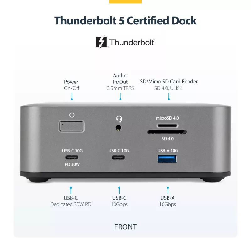 StarTech.com Thunderbolt 5 dokų stotelė, DP / HDMI, trijų monitorių dokas iki 4K 144Hz arba dviejų 8K 60Hz, 5x USB prievadai, 140W nešiojamojo kompiuterio įkrovimas