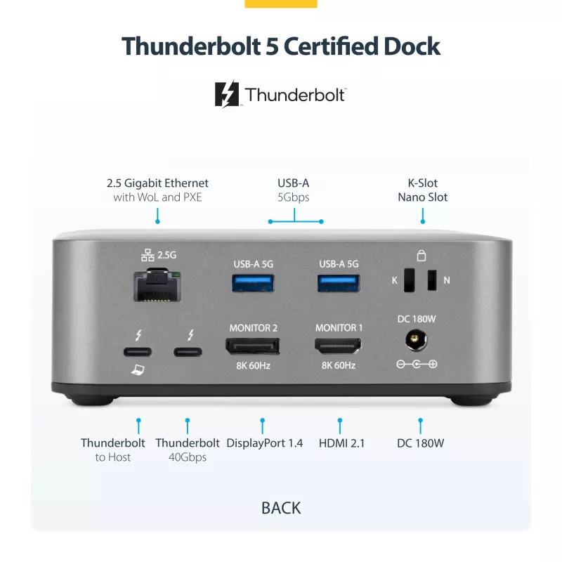 StarTech.com Thunderbolt 5 dokų stotelė, DP / HDMI, trijų monitorių dokas iki 4K 144Hz arba dviejų 8K 60Hz, 5x USB prievadai, 140W nešiojamojo kompiuterio įkrovimas