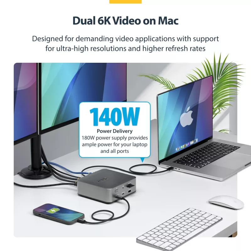 StarTech.com Thunderbolt 5 dokų stotelė, DP / HDMI, trijų monitorių dokas iki 4K 144Hz arba dviejų 8K 60Hz, 5x USB prievadai, 140W nešiojamojo kompiuterio įkrovimas