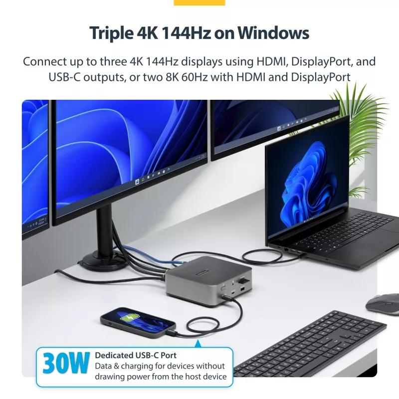 StarTech.com Thunderbolt 5 dokų stotelė, DP / HDMI, trijų monitorių dokas iki 4K 144Hz arba dviejų 8K 60Hz, 5x USB prievadai, 140W nešiojamojo kompiuterio įkrovimas