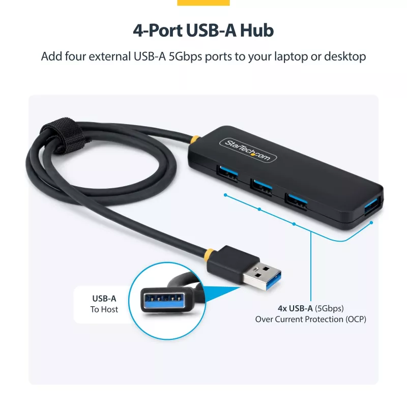 StarTech.com 4 prievadų USB-A šakotuvas, 5 Gb/s, maitinamas iš USB, USB-A į 4x USB-A mini šakotuvas, 61 cm laidas, PCR plastikas, nešiojamas