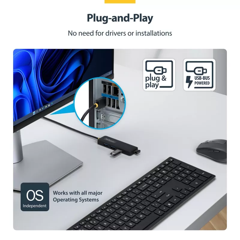 StarTech.com 4 prievadų USB-A šakotuvas, 5 Gb/s, maitinamas iš USB, USB-A į 4x USB-A mini šakotuvas, 61 cm laidas, PCR plastikas, nešiojamas
