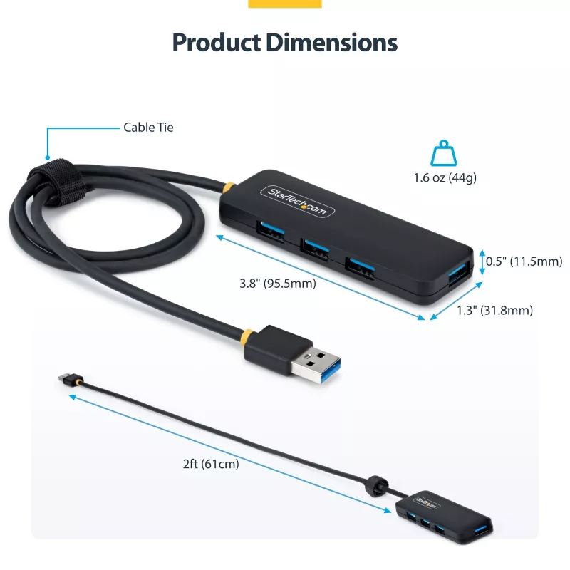 StarTech.com 4 prievadų USB-A šakotuvas, 5 Gb/s, maitinamas iš USB, USB-A į 4x USB-A mini šakotuvas, 61 cm laidas, PCR plastikas, nešiojamas