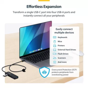 StarTech.com 4 prievadų USB-C šakotuvas, 5Gbps, maitinamas per USB-C, USB-C į 4x USB-A mini šakotuvas, ilgas 61 cm laidas, PCR plastikas, nešiojamas staliniam / nešiojamam kompiuteriui