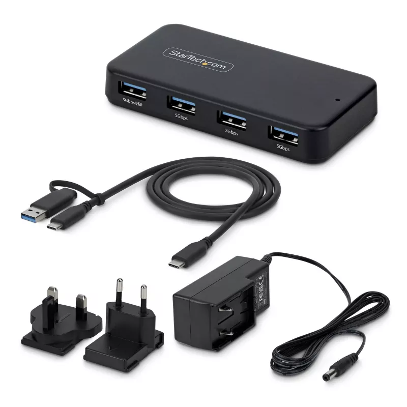 StarTech.com 4 prievadų USB-A šakotuvas, 5Gbps, su maitinimu, 2-in-1 USB-C ir USB-A laidas, 1x BC 1.2 įkrovimo prievadas, 24W maitinimo adapteris, skirtas MacBook ir Windows