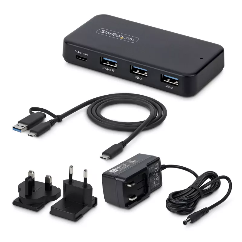 StarTech.com 4 prievadų USB-C ir USB-A šakotuvas, 5 Gbps, su maitinimu, 2-in-1 USB-C ir USB-A laidas, 1x USB-C ir 3x USB-A (1x BC 1.2), 36W maitinimo adapteris