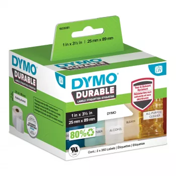 DYMO Original LabelWriter Durable Lipnios Etiketės | 25mm x 89mm | Baltas Polipropilenas | 2 ritės po 350 (700 lipnių etikečių) | Aukštos kokybės | Skirtos LabelWriter etikečių spausdintuvams