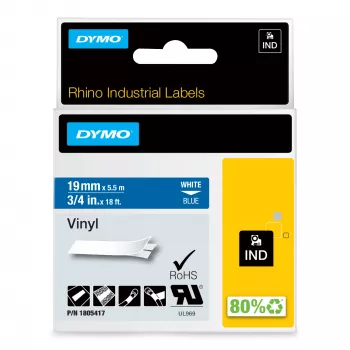DYMO Rhino pramoninės vinilinės etiketės | 19 mm x 5,5 m | Baltas spausdinimas ant mėlynos | Lipnios | Skirtos LabelManager ir Rhino etikečių spausdintuvams