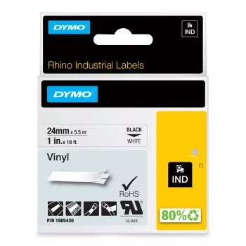 DYMO Rhino pramoninės vinilo etiketės | 24 mm x 5,5 m | juodas spaudinys ant baltos | lipnios | skirtos LabelManager ir Rhino etikečių spausdintuvams