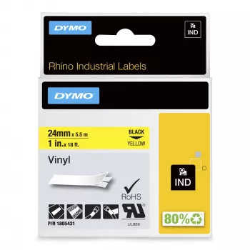 DYMO Rhino pramoninės vinilinės etiketės | 24 mm x 5,5 m | juodas spaudinys ant geltonos | lipnios | skirtos LabelManager ir Rhino žymekliams