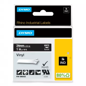 DYMO Rhino pramoninės vinilinės etiketės | 24 mm x 5,5 m | Baltas šriftas ant juodo | Lipnios | Skirtos LabelManager ir Rhino etikečių spausdintuvams