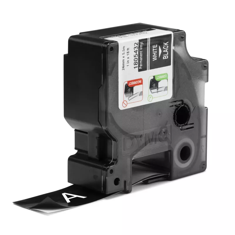 DYMO Rhino pramoninės vinilinės etiketės | 24 mm x 5,5 m | Baltas šriftas ant juodo | Lipnios | Skirtos LabelManager ir Rhino etikečių spausdintuvams