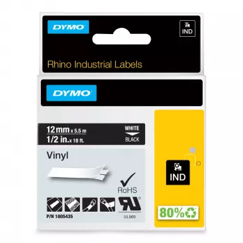 DYMO Rhino pramoninės vinilo etiketės | 12 mm x 5,5 m | Baltas spaudinys ant juodo | Lipnios | Skirtos LabelManager ir Rhino etikečių spausdintuvams