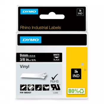 DYMO Rhino pramoninės vinilo etiketės | 9 mm x 5,5 m | Baltas spausdinimas ant juodo | Lipnios | Skirtos LabelManager ir Rhino etikečių spausdintuvams
