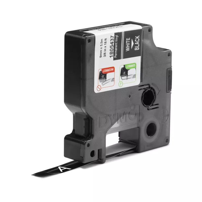 DYMO Rhino pramoninės vinilo etiketės | 9 mm x 5,5 m | Baltas spausdinimas ant juodo | Lipnios | Skirtos LabelManager ir Rhino etikečių spausdintuvams