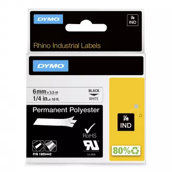 DYMO Rhino Industrial nuolatinės poliesterio etiketės | 6 mm x 5,5 m | juodas spausdinimas ant baltos | lipnios | skirta Rhino ir LabelManager etikečių spausdintuvams