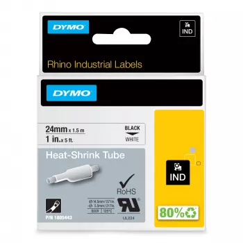 DYMO Rhino pramoniniai termosusitraukiantys kabelių etikečių vamzdeliai | 24 mm x 1,5 m | juodas spaudinys ant balto | lipnūs | skirti Rhino etikečių spausdintuvams