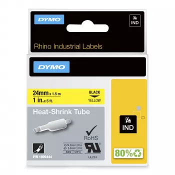 DYMO Rhino pramoniniai termosusitraukiantys kabelių žymėjimo vamzdeliai | 24 mm x 1,5 m | juoda ant geltonos | Rhino etikečių spausdintuvams