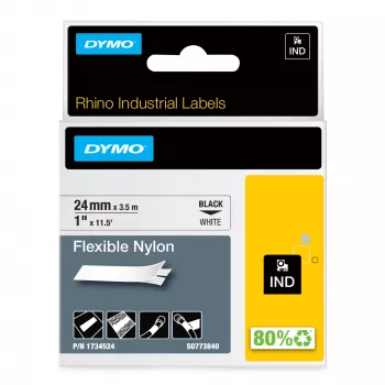 DYMO Rhino pramoninė lanksti nailono juosta etiketėms | 24 mm x 3,5 m | Juodas spaudinys ant balto | Lipni | Skirta LabelManager ir Rhino etikečių spausdintuvams