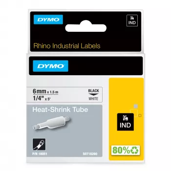 DYMO Rhino termosusitraukiantys kabelių žymėjimo vamzdeliai | 6 mm x 1,5 m | juodas šriftas ant balto | skirta Rhino etikečių spausdintuvams