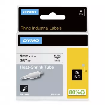 DYMO Rhino termosusitraukiantys vamzdeliai kabeliams žymėti | 9 mm x 1,5 m | juodas šriftas ant balto | skirta Rhino etikečių spausdintuvams