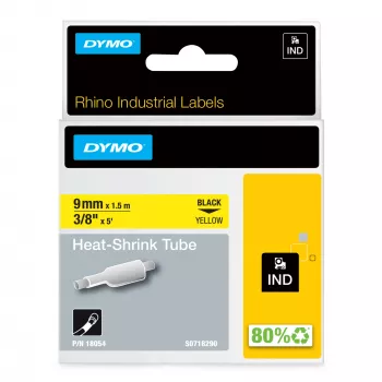 DYMO Rhino pramoniniai termosusitraukiantys kabelių etikečių vamzdeliai | 9 mm x 1,5 m | juoda ant geltonos | Rhino etikečių spausdintuvams