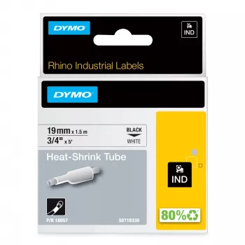 DYMO Rhino pramoniniai termosusitraukiantys kabelių žymėjimo vamzdeliai | 19 mm x 1,5 m | Juodas spaudinys ant balto | Lipnūs | skirti Rhino etikečių spausdintuvams
