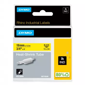 DYMO Rhino pramoniniai termosusitraukiantys kabelių ženklinimo vamzdeliai | 19 mm x 1,5 m | juodas spaudinys ant geltono | skirti Rhino etikečių spausdintuvams