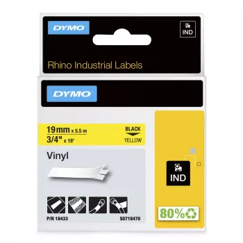 DYMO Rhino pramoninės vinilinės etiketės | 19 mm x 5,5 m | Juodas spaudinys ant geltonos | Lipnios | Skirtos Rhino ir LabelManager etikečių spausdintuvams