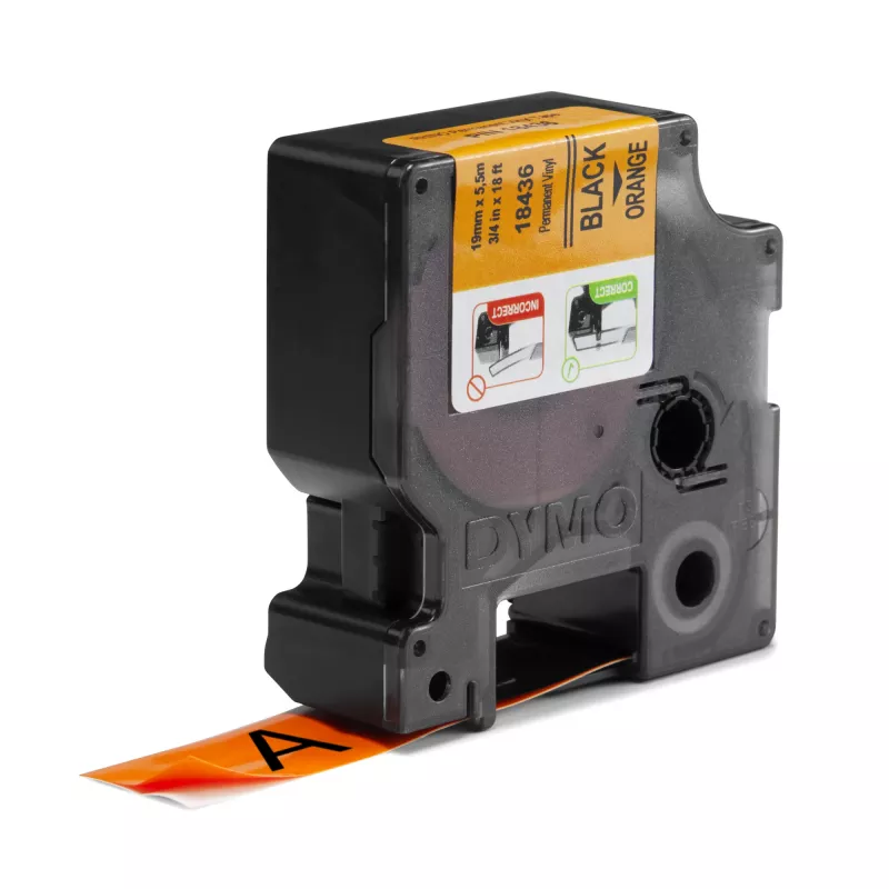 DYMO Rhino Industrial vinilo etiketės | 19 mm x 5,5 m | Juodas spaudinys ant oranžinės | Lipnios | skirta Rhino ir LabelManager etikečių spausdintuvams
