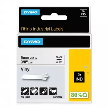 DYMO Rhino pramoninės vinilinės etiketės | 9 mm x 5.5 m | juodas spausdinimas ant balto | lipnios | skirta Rhino ir LabelManager etikečių spausdintuvams