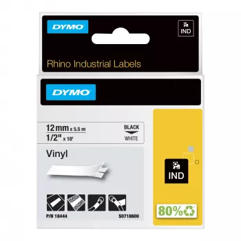 DYMO Rhino pramoninės vinilo etiketės | 12 mm x 5,5 m | Juodas spaudinys ant baltos | Lipnios | skirtos Rhino ir LabelManager etikečių spausdintuvams