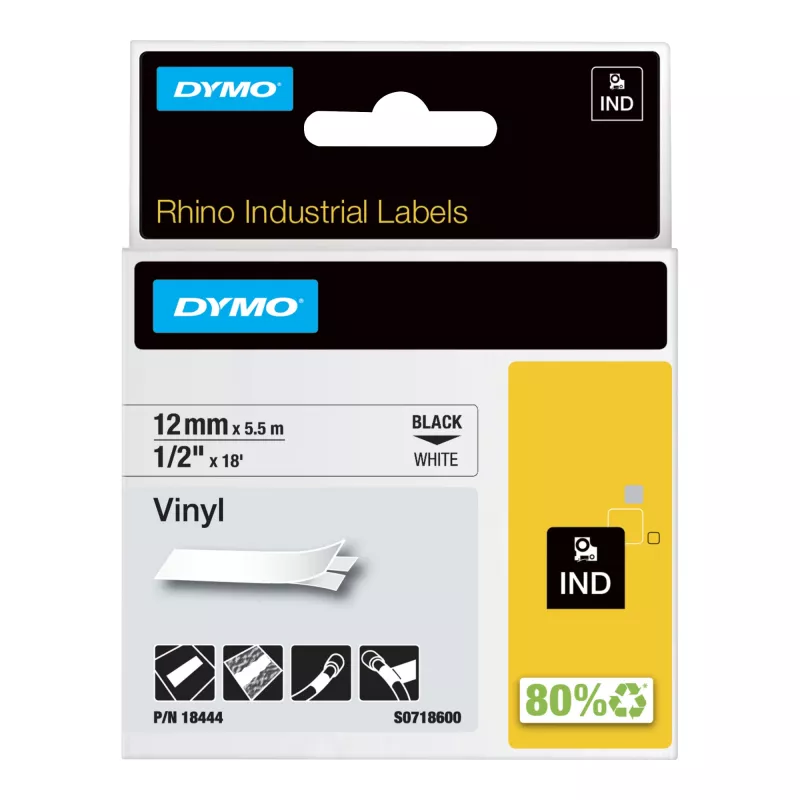 DYMO Rhino pramoninės vinilo etiketės | 12 mm x 5,5 m | Juodas spaudinys ant baltos | Lipnios | skirtos Rhino ir LabelManager etikečių spausdintuvams